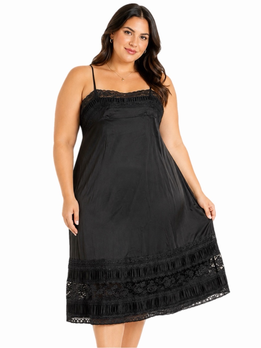 60s/70s European Vintage Pompadour Lace Accents Tiered Midi Slip Dress Black M/L